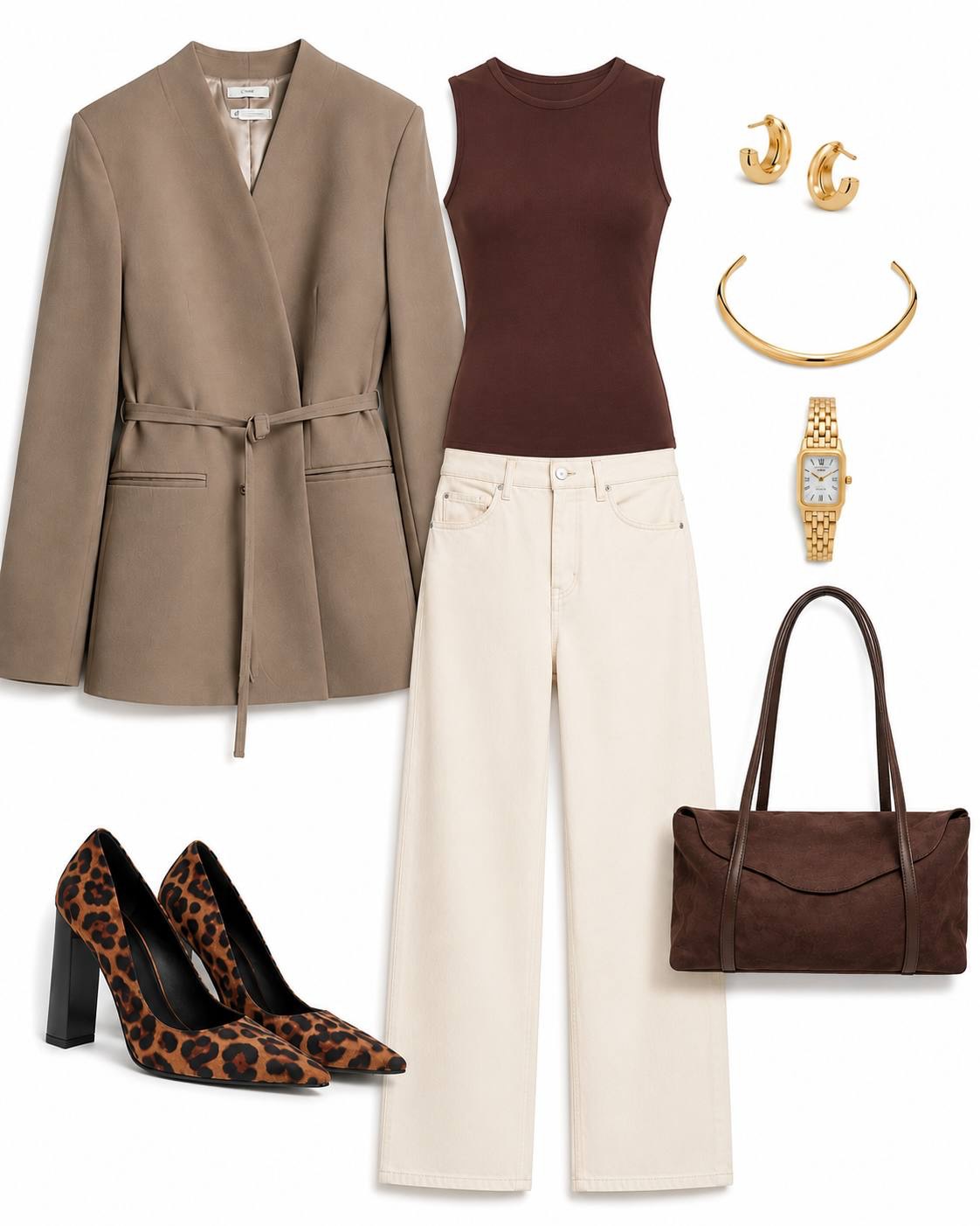 A Taupe Belted Blazer with Cream Denim and Leopard Pumps