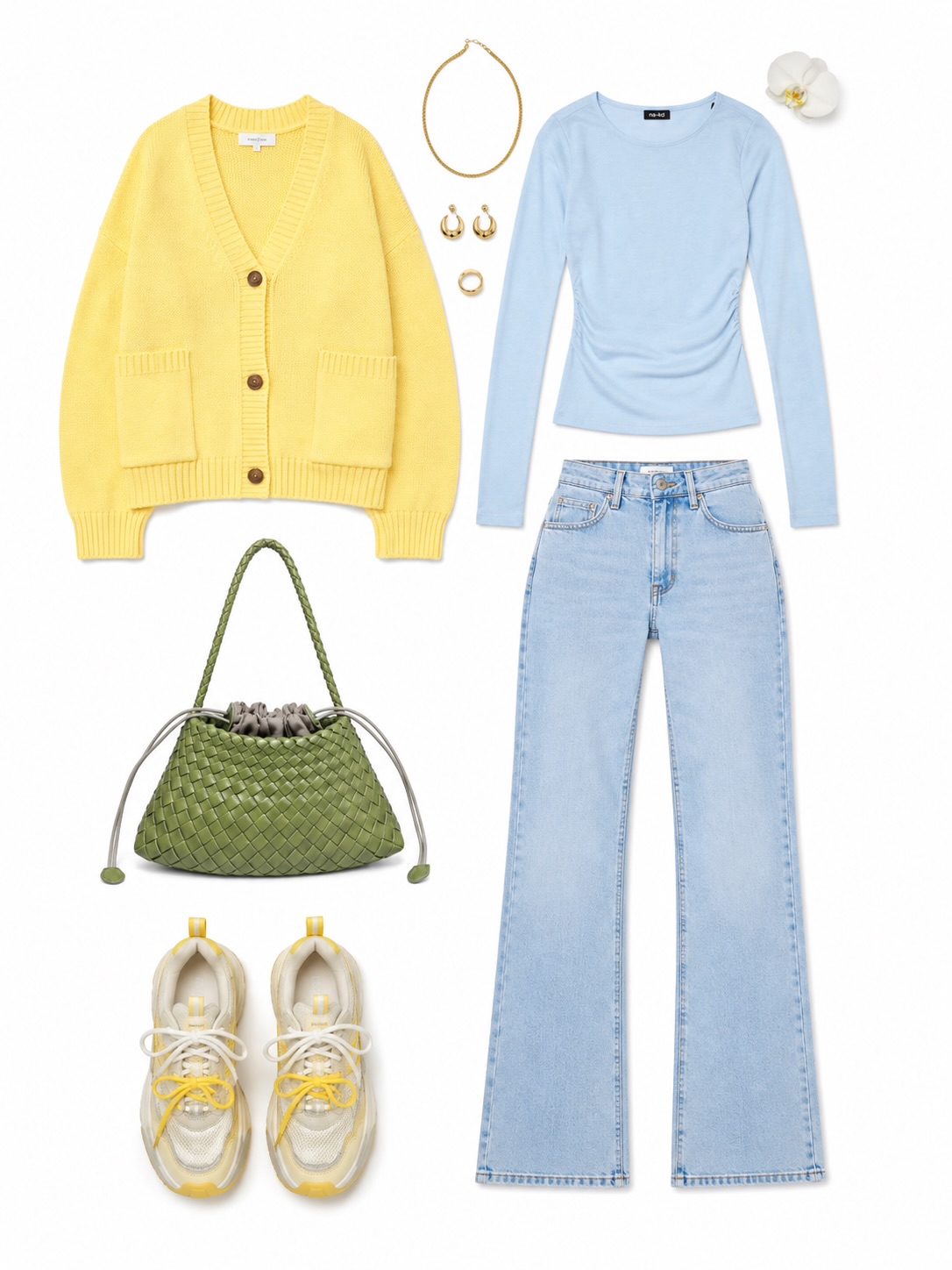 A Yellow Cardigan with a Blue Top and Light Denim