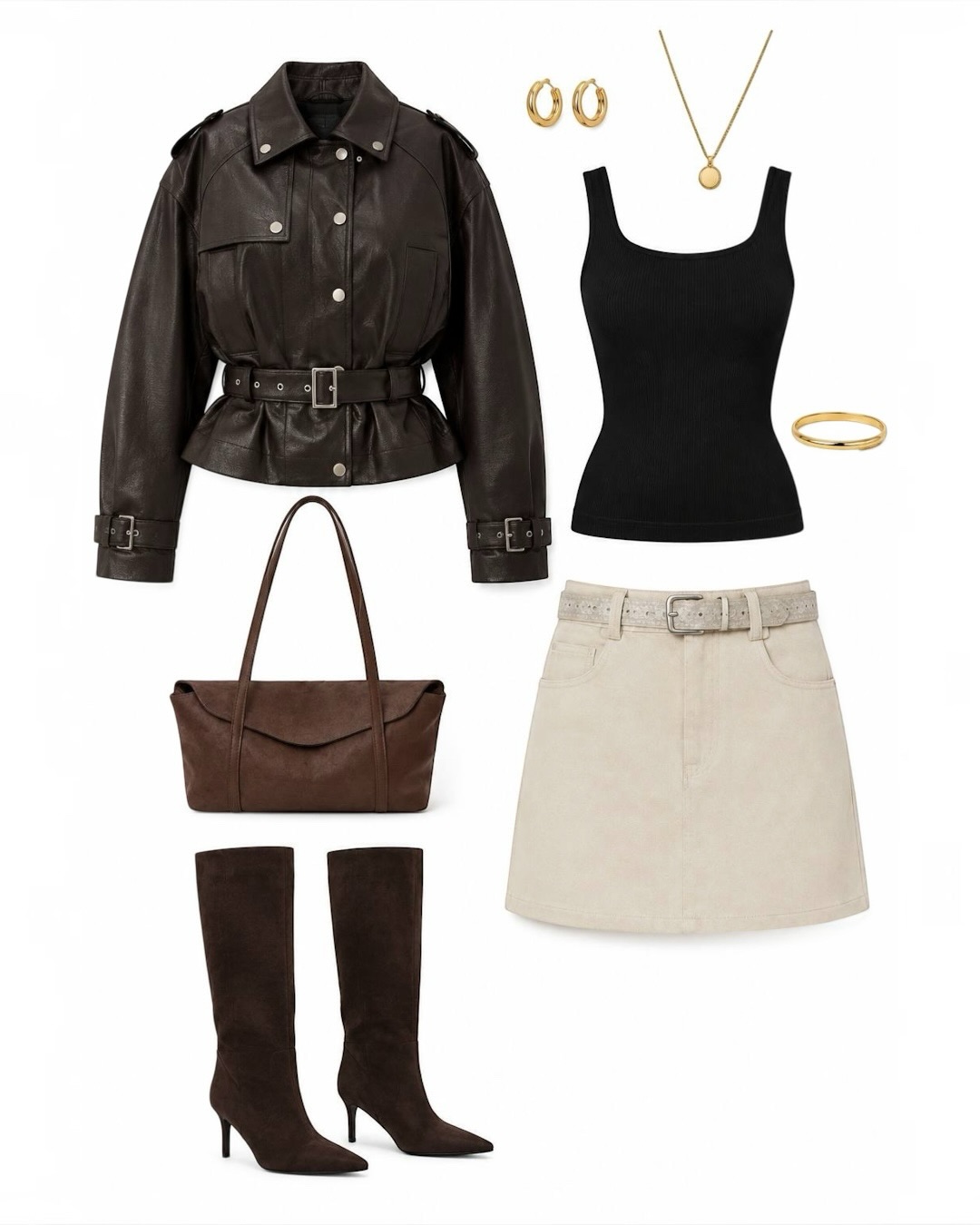 A Leather Jacket with a Cream Tank and Denim Skirt for Fall