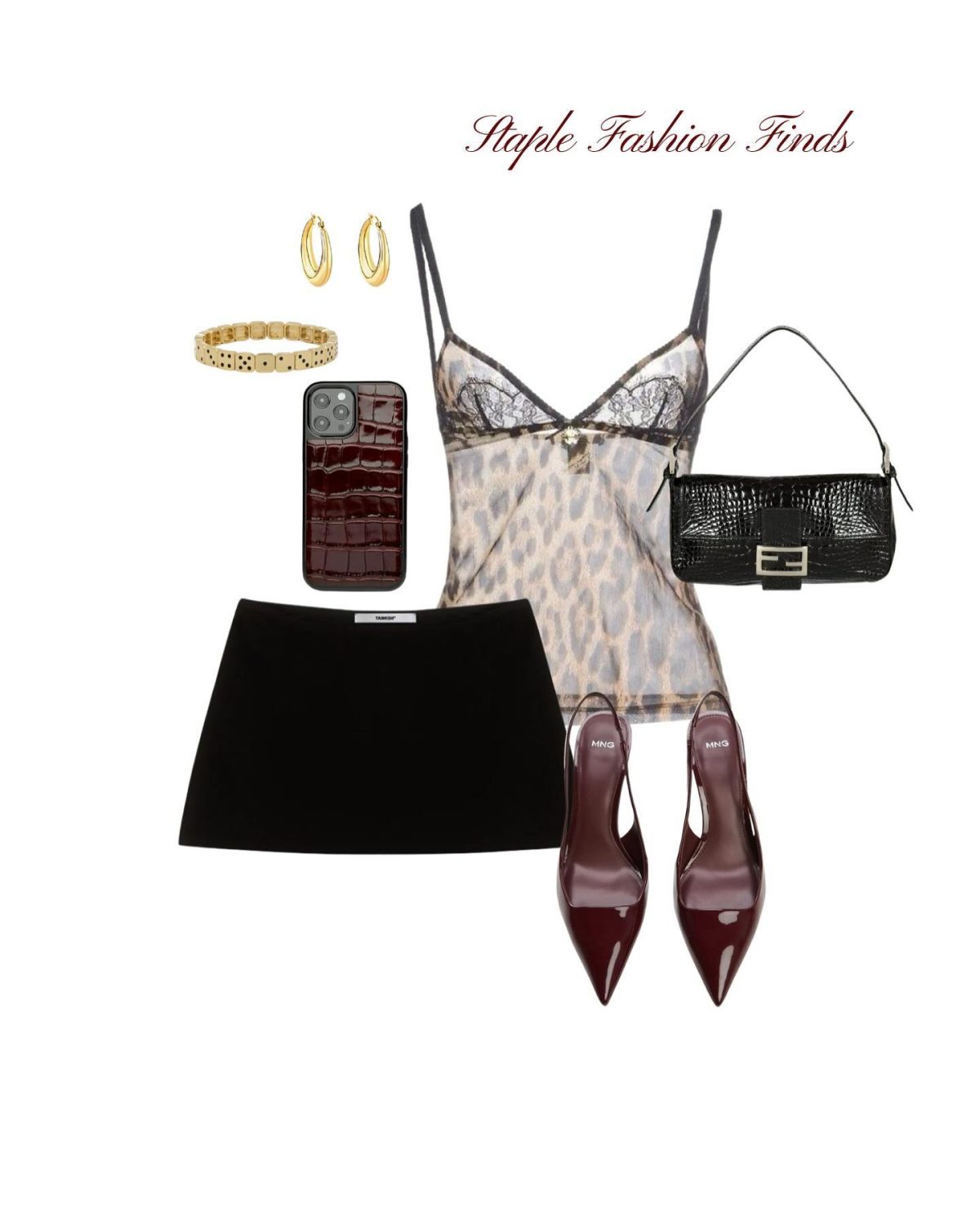 A Lace Camisole with a Black Midi Skirt and Burgundy Heels